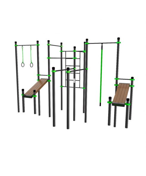 W261 Воркаут (3 турника, 2 скамьи для пресса, брусья, швед. стенка, кольца, канат) ZAVODSPORTA